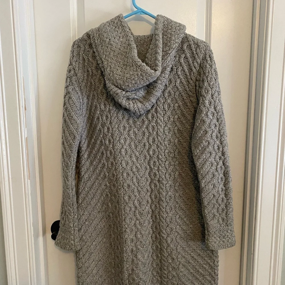 Aran Mor Made in Ireland Merino Wool Cable Knit Hooded Long Cardigan - Picture 11 of 14